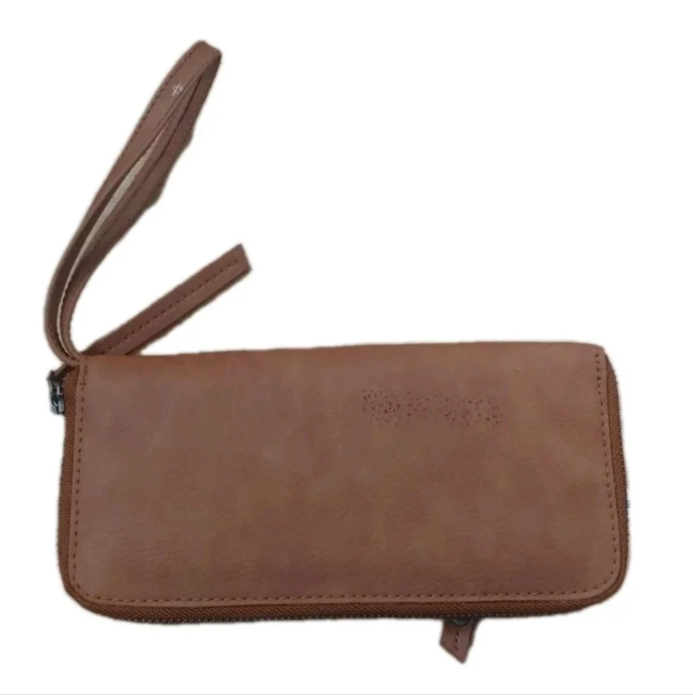Free People Vegan Leather Long Wallet Zip Around Wristlet Brown Boho Western New